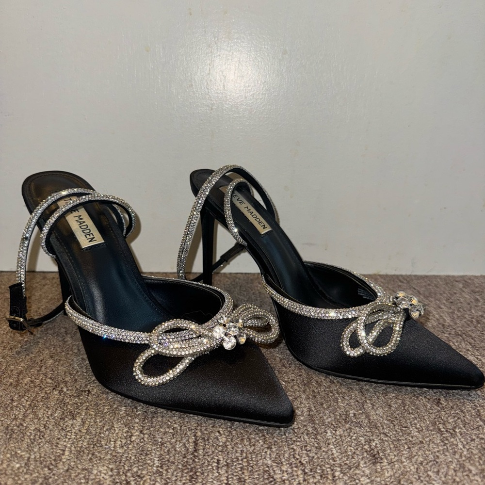 Steve Madden Black Satin Heels with Rhinestone Bow